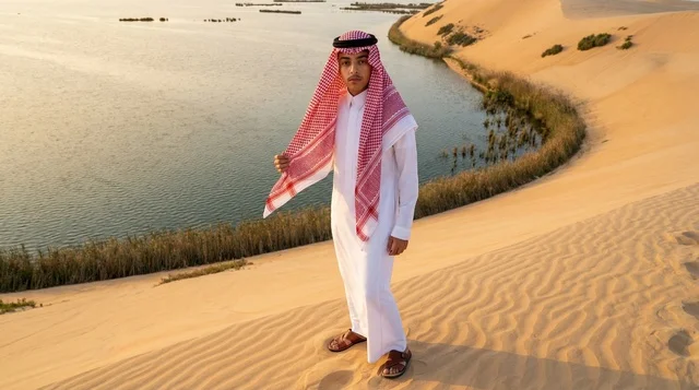 شاب سعودي بالزي التقليدي عند بحيرة صحراوية وقت الغروب