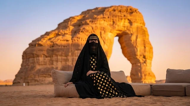 امرأة سعودية عند جبل الفيل في العلا وقت الغروب