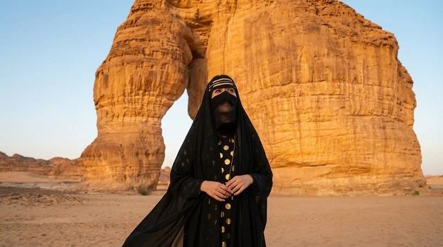 Saudi Woman in Abaya at Elephant Rock AlUla