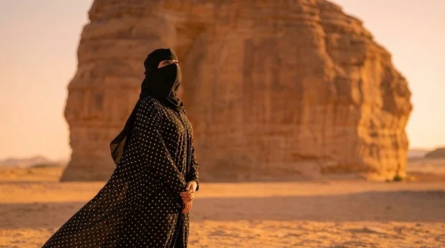 Saudi Woman in Traditional Abaya at AlUla Desert Sunset