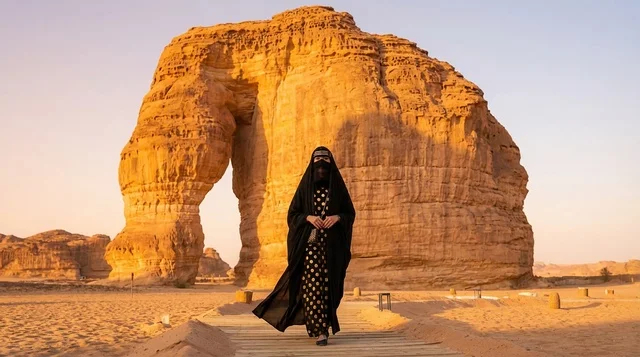 Saudi Woman at Elephant Rock AlUla during Sunset