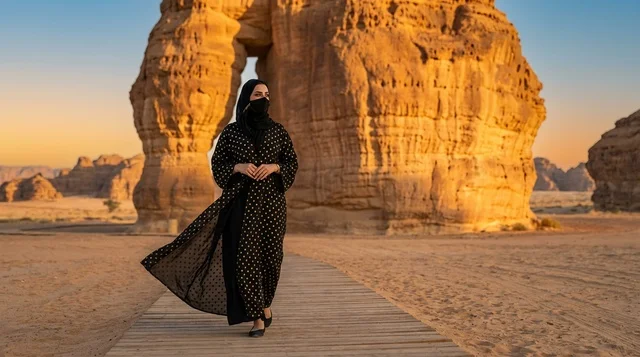 Saudi Woman at Elephant Rock AlUla at Sunset