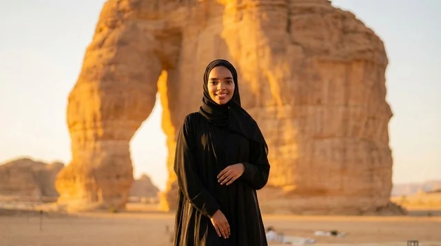 امرأة سعودية عند جبل الفيل في العلا وقت الغروب