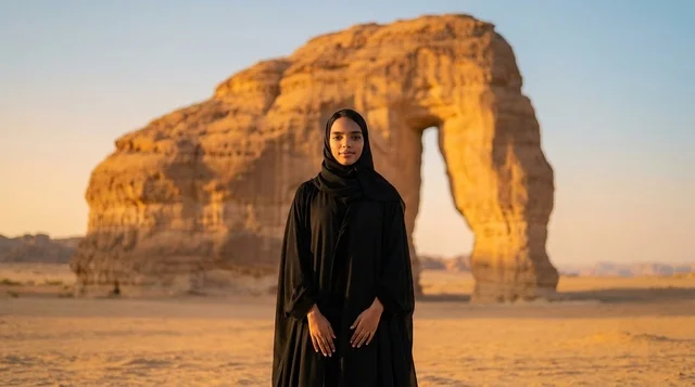 امرأة سعودية عند جبل الفيل في صحراء العلا