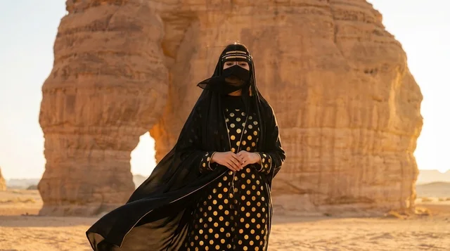 امرأة سعودية بالزي النجدي أمام جبل الفيل في العلا