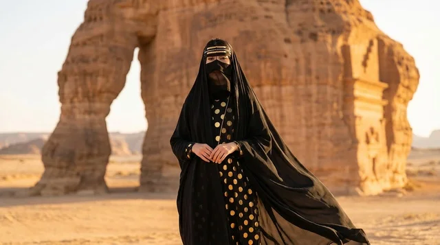 Saudi Woman at Elephant Rock AlUla at Sunset