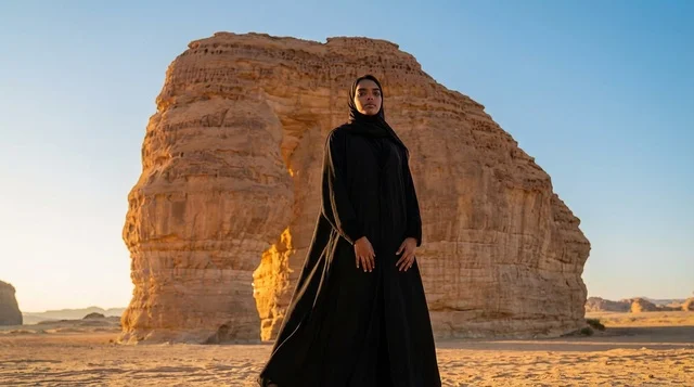 امرأة سعودية بالعباءة السوداء عند صخرة الفيل في العلا