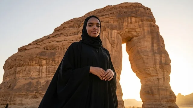 Saudi Woman at Elephant Rock AlUla at Sunset