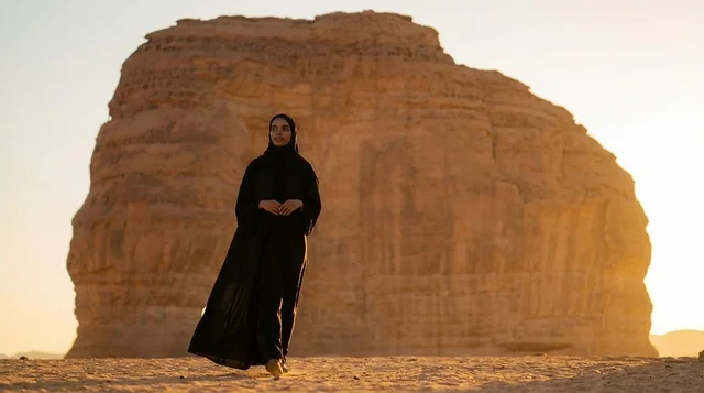امرأة سعودية بالعباءة في صحراء العلا وقت الغروب