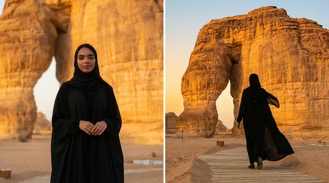 امرأة سعودية في جبل الفيل بالعلا وقت الغروب