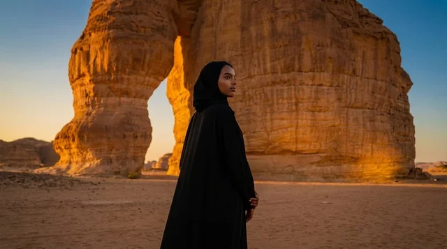 امرأة سعودية عند صخرة الفيل في العلا وقت الغروب