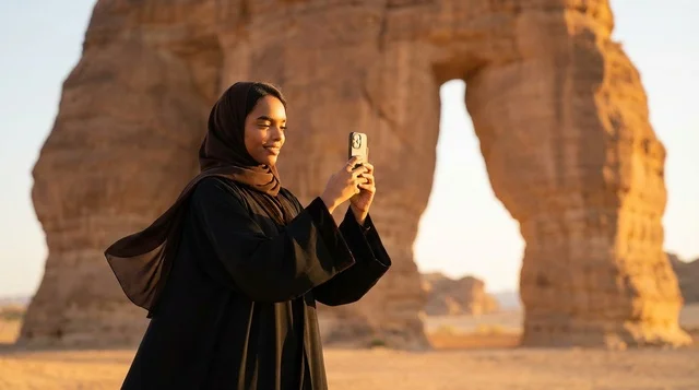 امرأة سعودية عند جبل الفيل في العلا تستخدم الجوال