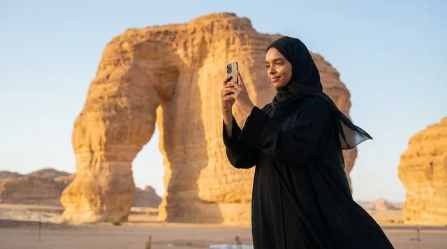 امرأة سعودية عند صخرة الفيل في العلا وقت الغروب