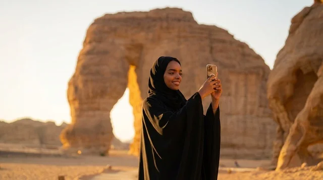 امرأة سعودية عند جبل الفيل في العلا وقت الغروب