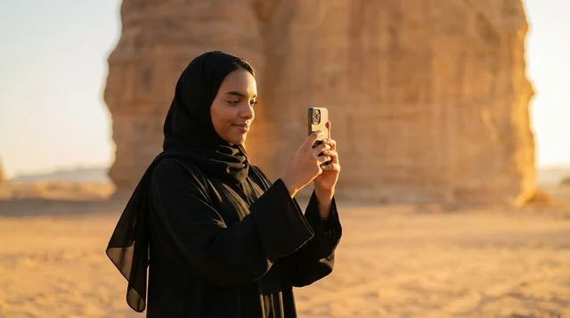 Saudi Woman Taking Photo in AlUla Desert