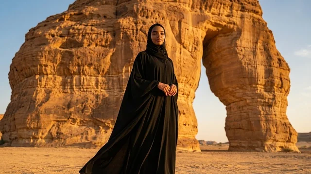 Saudi Woman at Elephant Rock AlUla at Sunset