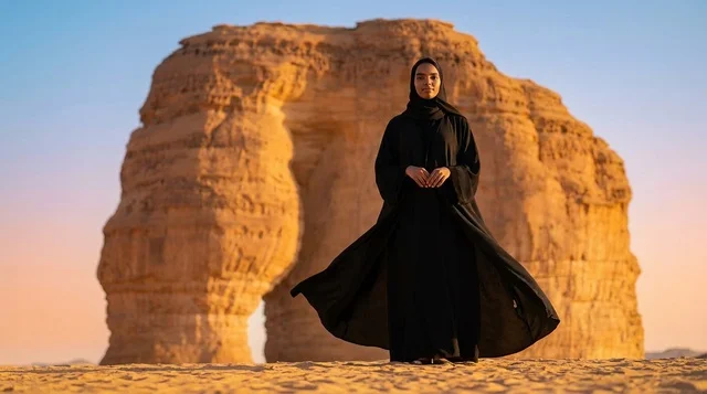 امرأة سعودية عند جبل الفيل في العلا وقت الغروب