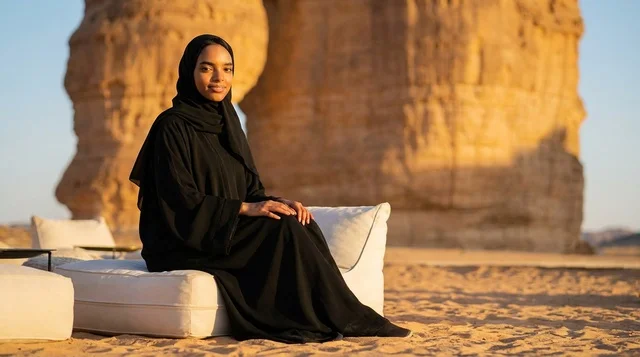 Saudi Woman in AlUla Desert at Sunset