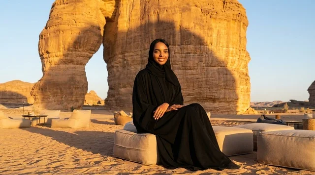 Saudi Woman at Elephant Rock Al-Ula Golden Hour Saudi Woman at Elephant Rock Al-Ula Golden Hour