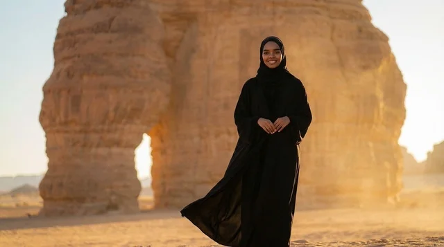 امرأة سعودية عند صخرة الفيل في العلا وقت الغروب