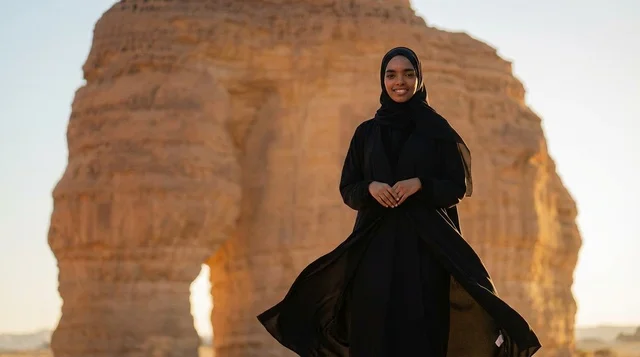 Saudi Woman at Elephant Rock AlUla at Sunset