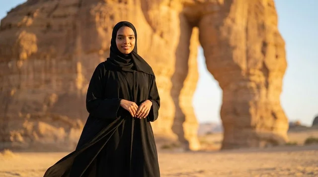 امرأة سعودية عند جبل الفيل في العلا وقت الغروب