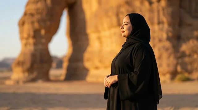 امرأة سعودية بالعباءة في جبل الفيل بالعلا