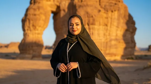 امرأة سعودية عند جبل الفيل في العلا وقت الغروب