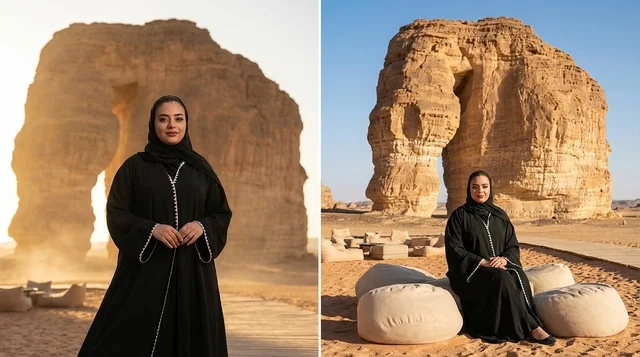 امرأة سعودية عند جبل الفيل في العلا السعودية