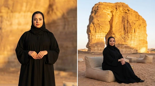 امرأة سعودية عند جبل الفيل في العلا وقت الغروب