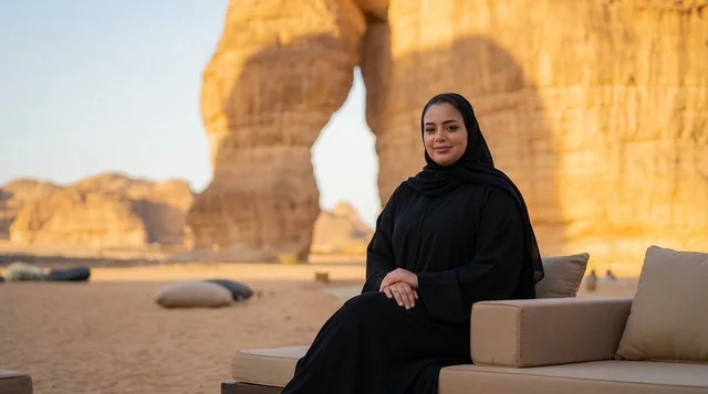 Saudi Woman at Elephant Rock AlUla during Sunset