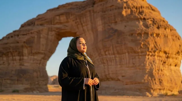 Saudi Woman at Elephant Rock AlUla at Sunset Saudi Woman at Elephant Rock AlUla at Sunset