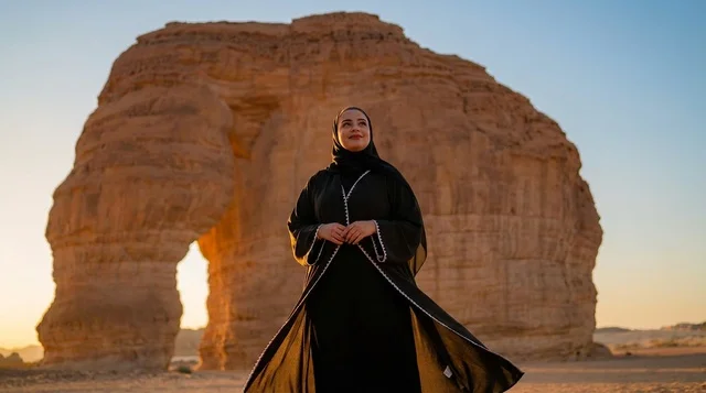 Saudi Woman at Elephant Rock AlUla at Sunset Saudi Woman at Elephant Rock AlUla at Sunset