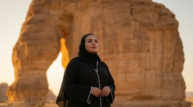 Saudi Woman at Elephant Rock AlUla Saudi Arabia Sunset