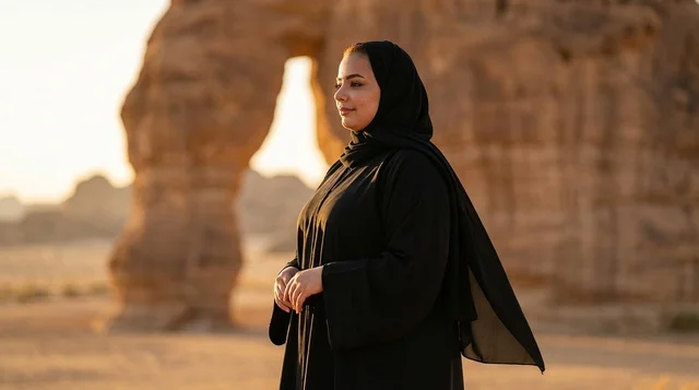 امرأة سعودية عند صخرة الفيل في العلا وقت الغروب