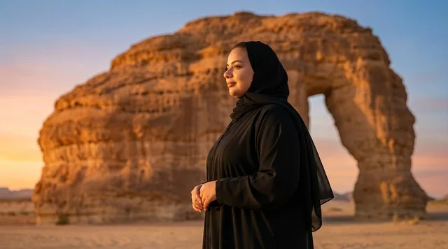 Saudi Woman at Elephant Rock AlUla Sunset Landscape