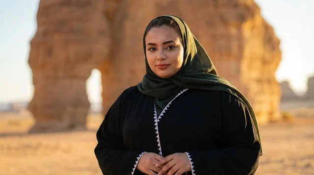 امرأة سعودية أمام جبل الفيل في العلا وقت الغروب