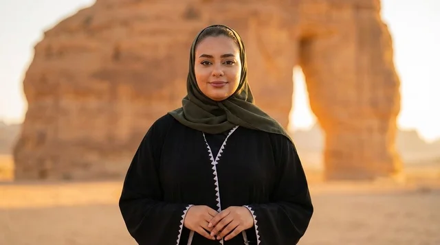 Saudi Woman at Elephant Rock AlUla at Sunset