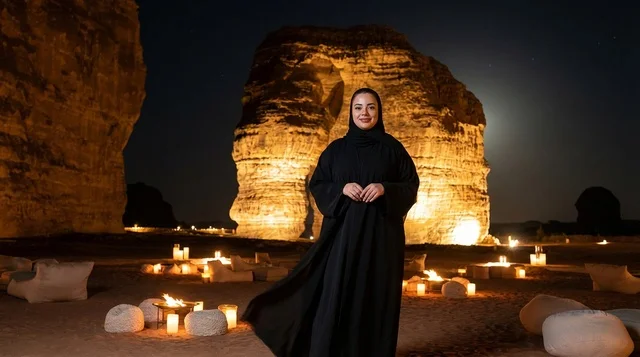 Saudi Woman at Elephant Rock AlUla Night