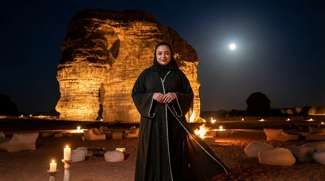 امرأة سعودية عند صخرة الفيل في العلا تحت ضوء القمر