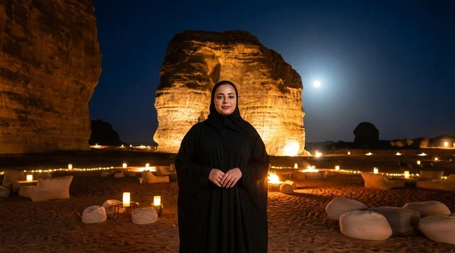 Saudi Woman at Elephant Rock AlUla Night Scene