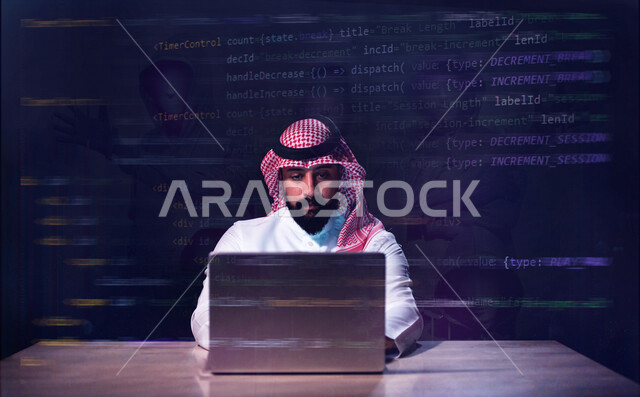 رجل عربي  خليجي سعودي يعمل حماية الحاسوب المحمول من الهجمات الالكترونية ، خلفية للغات البرمجة بتقنية الهولوجرام ، مطور ويب يعمل على تطوير و بناء المواقع والتطبيقات الالكترونية ، حماية الحاسوب و أمن تكنولوجيا المعلومات