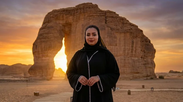 امرأة سعودية عند جبل الفيل في العلا وقت الغروب
