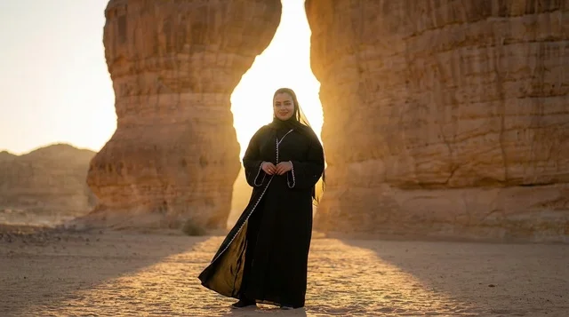 Saudi Woman in Al-Ula Desert at Sunset