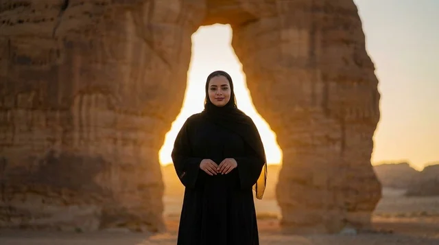 Saudi Woman at AlUla Elephant Rock During Sunset