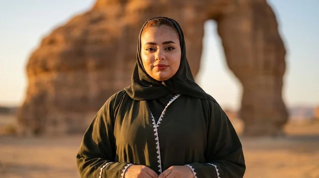 Saudi Woman at AlUla Elephant Rock Golden Hour