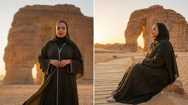 Saudi Woman at Elephant Rock AlUla at Sunset Saudi Woman at Elephant Rock AlUla at Sunset