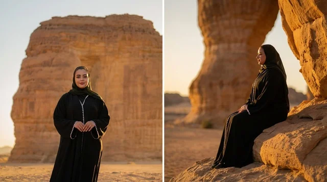 امرأة سعودية بالعباءة في منطقة جبل الفيل بالعلا