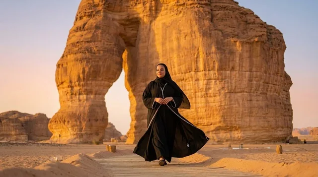 امرأة سعودية عند جبل الفيل في العلا وقت الغروب