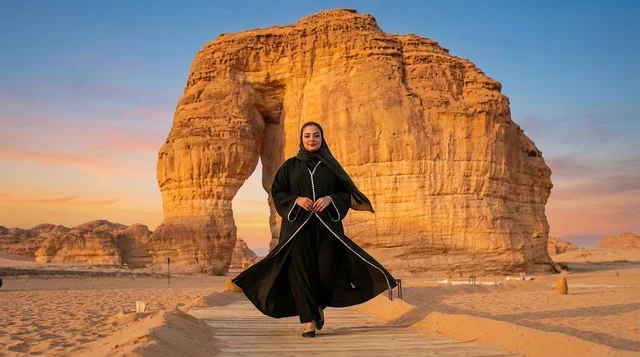 امرأة سعودية عند جبل الفيل في العلا وقت الغروب